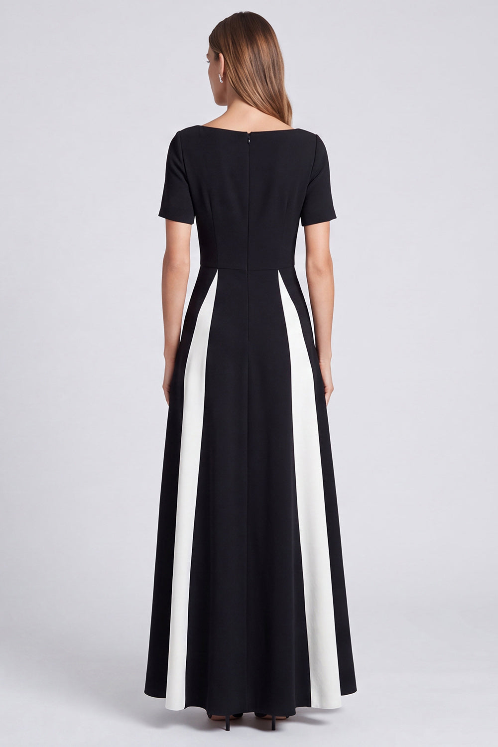 Black and White A Line Boat Neck Long Formal Dress with Pockets