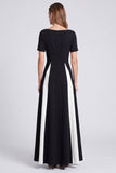 Black and White A Line Boat Neck Long Formal Dress with Pockets