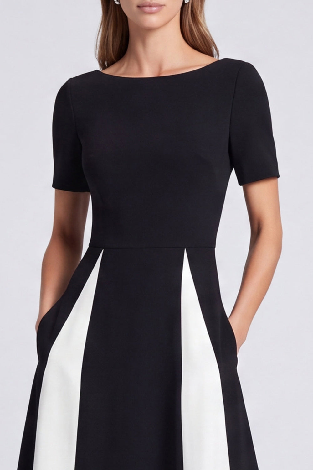 Black and White A Line Boat Neck Long Formal Dress with Pockets