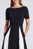 Black and White A Line Boat Neck Long Formal Dress with Pockets