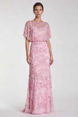 Pink Floral Mermaid Sparkly Sequin Long Formal Dress with Sleeves