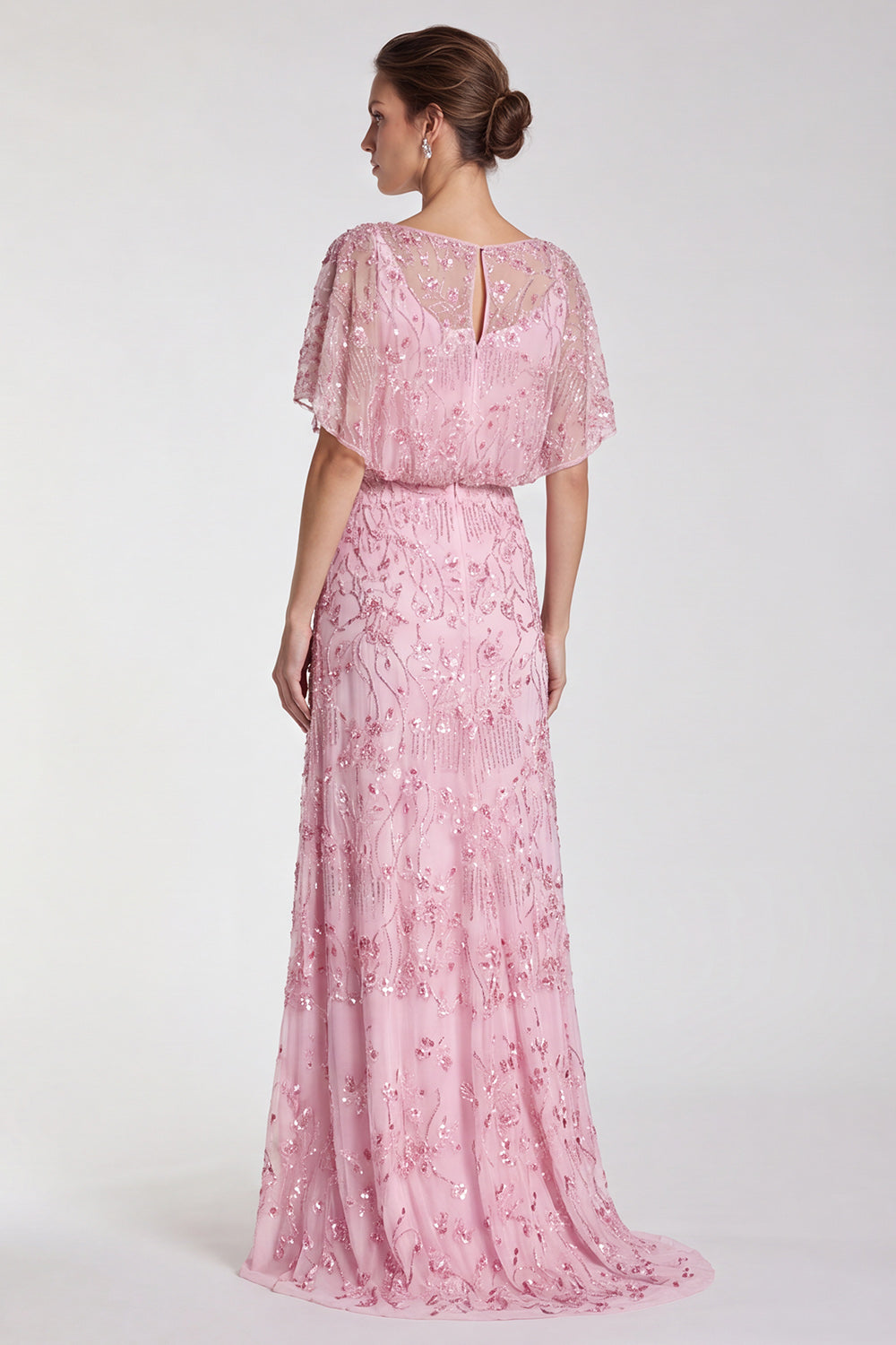 Pink Floral Mermaid Sparkly Sequin Long Formal Dress with Sleeves