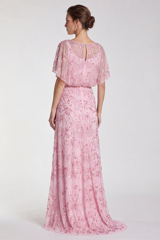Pink Floral Mermaid Sparkly Sequin Long Formal Dress with Sleeves