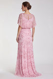 Pink Floral Mermaid Sparkly Sequin Long Formal Dress with Sleeves