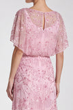 Pink Floral Mermaid Sparkly Sequin Long Formal Dress with Sleeves