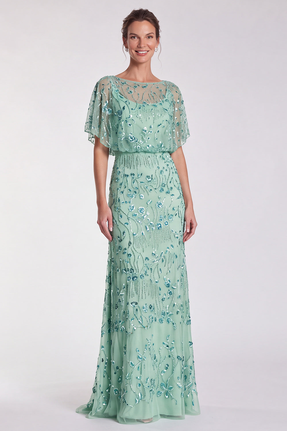 Pink Floral Mermaid Sparkly Sequin Long Formal Dress with Sleeves