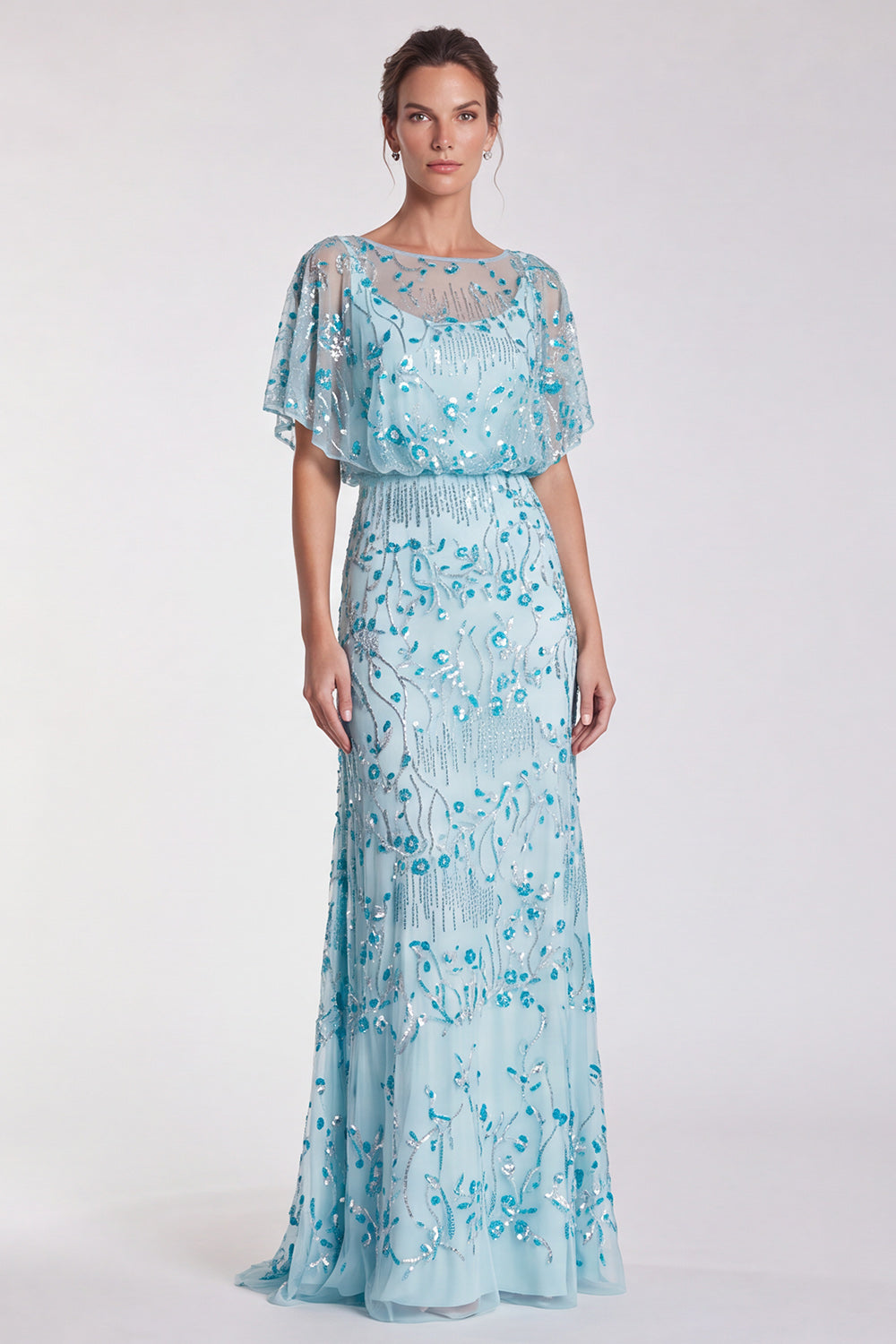 Pink Floral Mermaid Sparkly Sequin Long Formal Dress with Sleeves