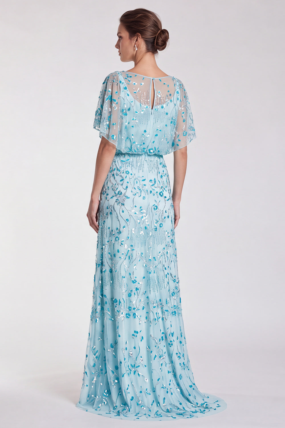 Pink Floral Mermaid Sparkly Sequin Long Formal Dress with Sleeves