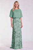 Floral Sage Green Mermaid Sparkly Sequin Long Formal Dress with Sleeves