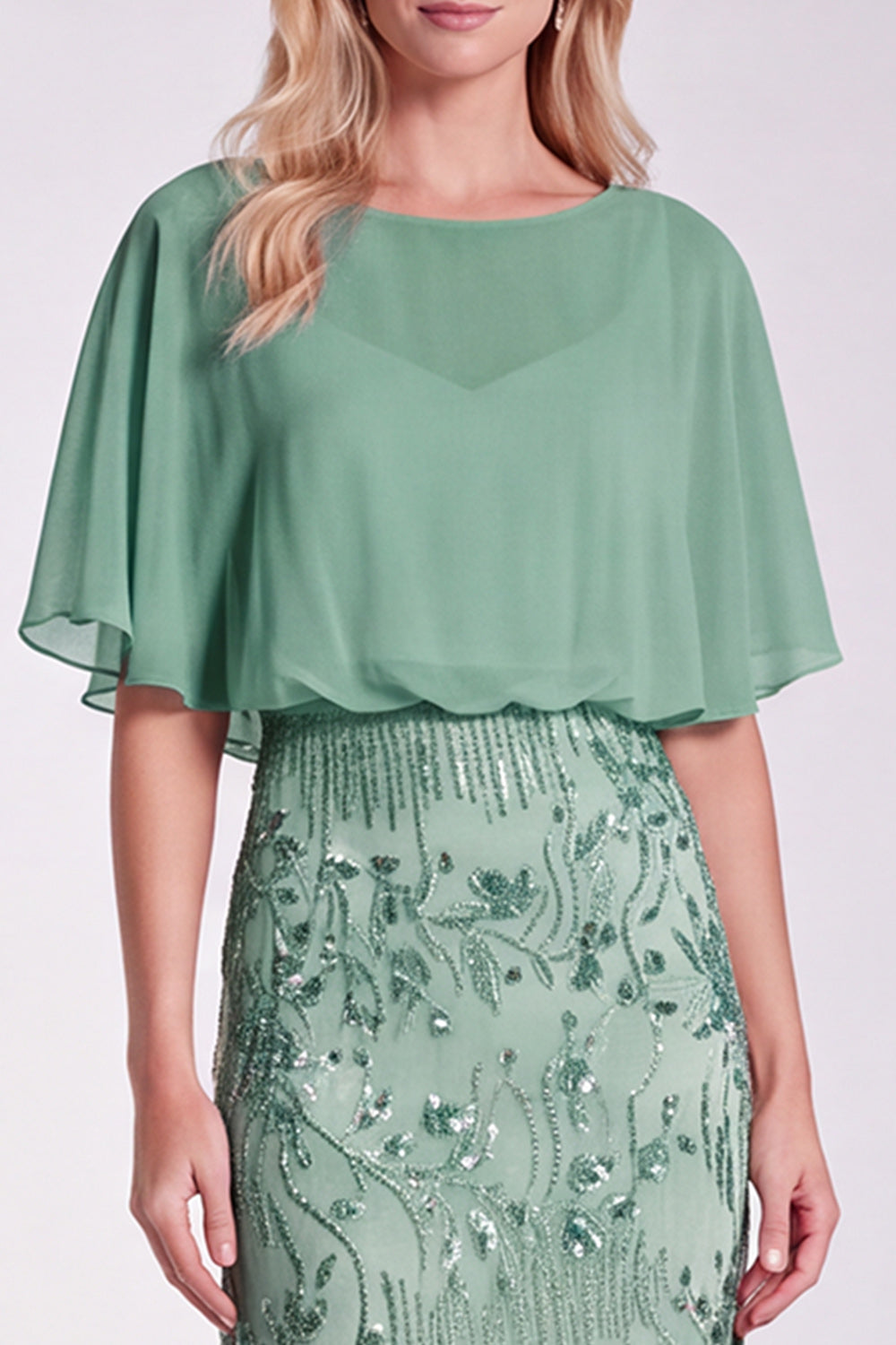Floral Sage Green Mermaid Sparkly Sequin Long Formal Dress with Sleeves