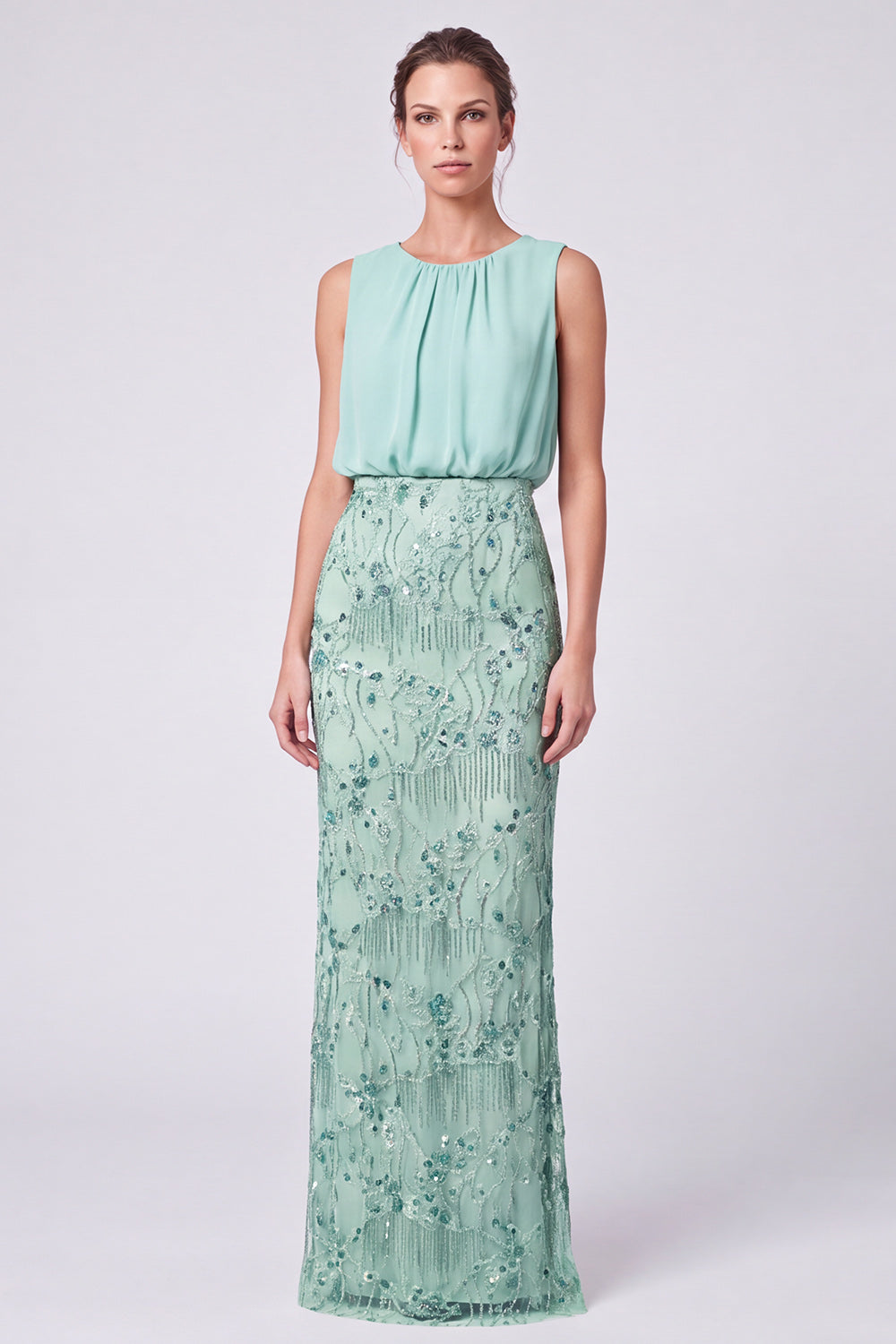 Sky Blue Floral Sheath Sparkly Sequin Long Formal Dress