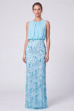 Sky Blue Floral Sheath Sparkly Sequin Long Formal Dress