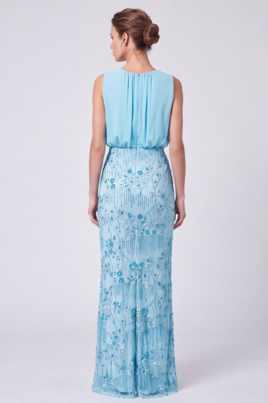 Sky Blue Floral Sheath Sparkly Sequin Long Formal Dress