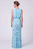 Sky Blue Floral Sheath Sparkly Sequin Long Formal Dress