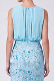 Sky Blue Floral Sheath Sparkly Sequin Long Formal Dress