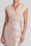 Champagne Sequin Sparkly Mermaid V-Neck Long Formal Dress