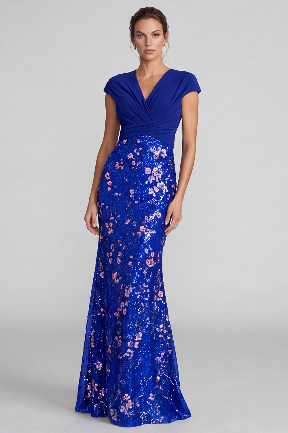 Champagne Sequin Sparkly Mermaid V-Neck Long Formal Dress