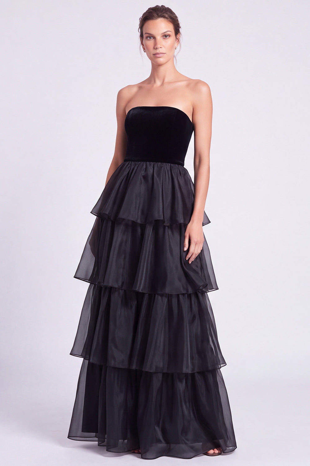 Brown A Line Tiered Ruffled Strapless Long Formal Dress