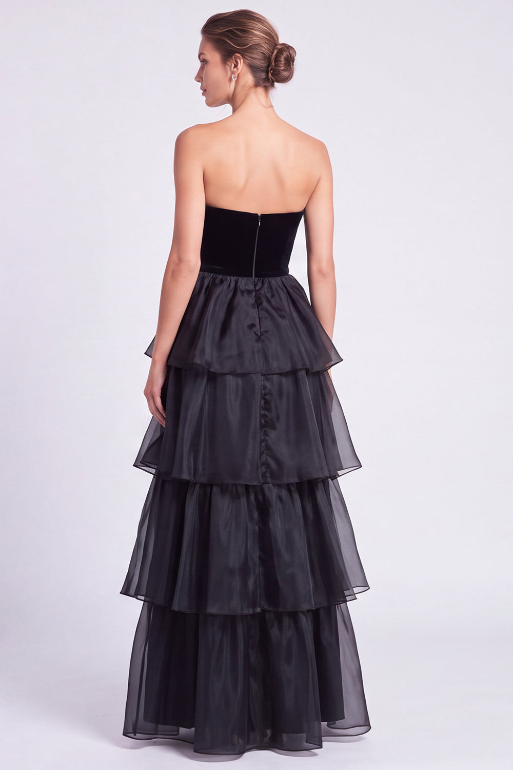 Brown A Line Tiered Ruffled Strapless Long Formal Dress