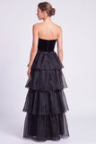 Brown A Line Tiered Ruffled Strapless Long Formal Dress