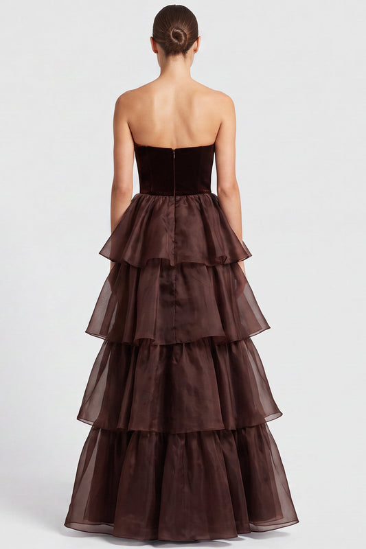 Brown A Line Tiered Ruffled Strapless Long Formal Dress