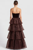 Brown A Line Tiered Ruffled Strapless Long Formal Dress