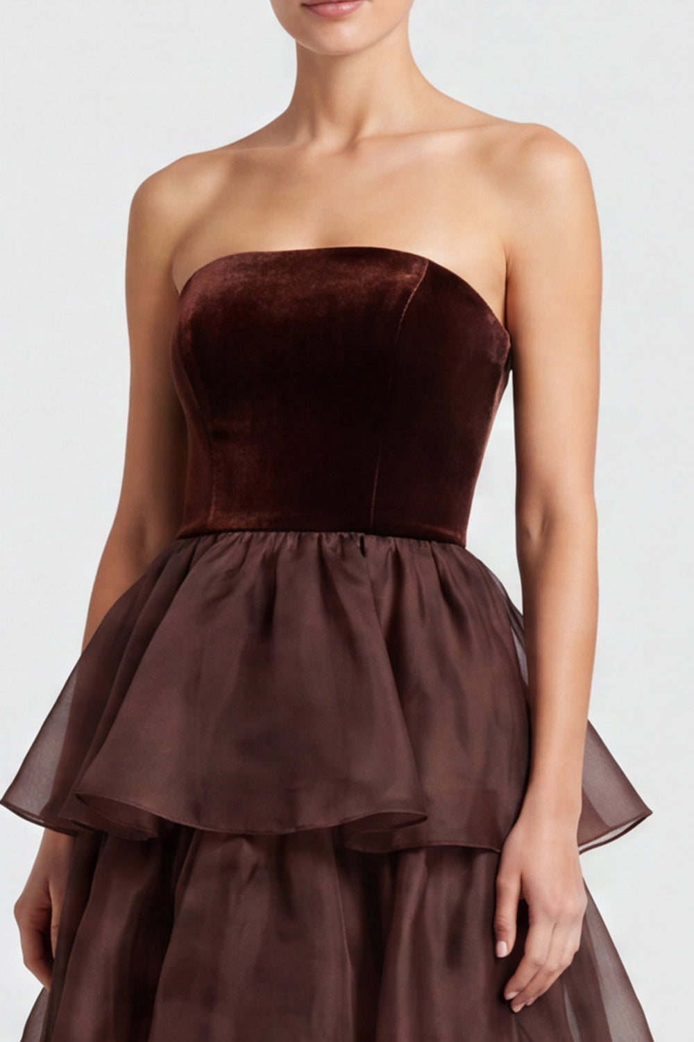 Brown A Line Tiered Ruffled Strapless Long Formal Dress