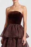 Brown A Line Tiered Ruffled Strapless Long Formal Dress