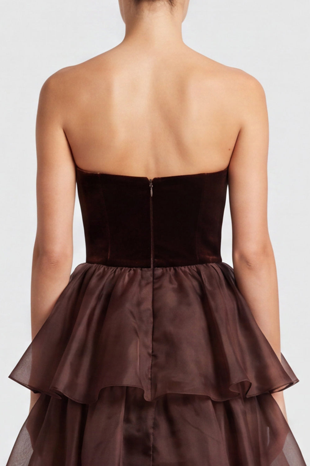 Brown A Line Tiered Ruffled Strapless Long Formal Dress