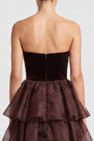 Brown A Line Tiered Ruffled Strapless Long Formal Dress