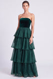 Brown A Line Tiered Ruffled Strapless Long Formal Dress