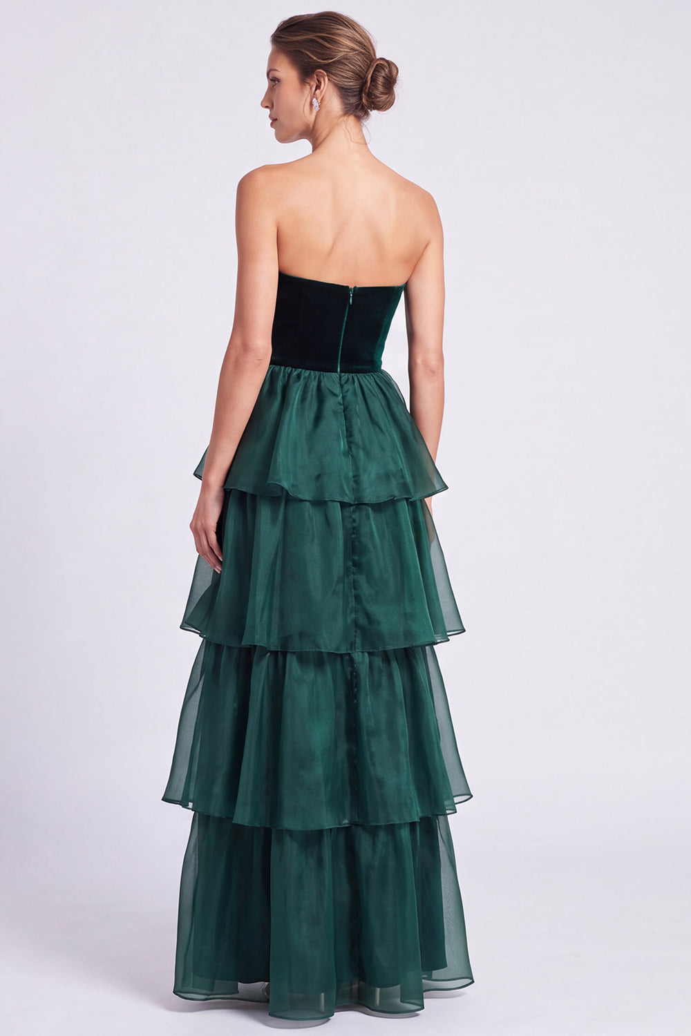 Brown A Line Tiered Ruffled Strapless Long Formal Dress