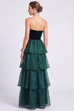 Brown A Line Tiered Ruffled Strapless Long Formal Dress