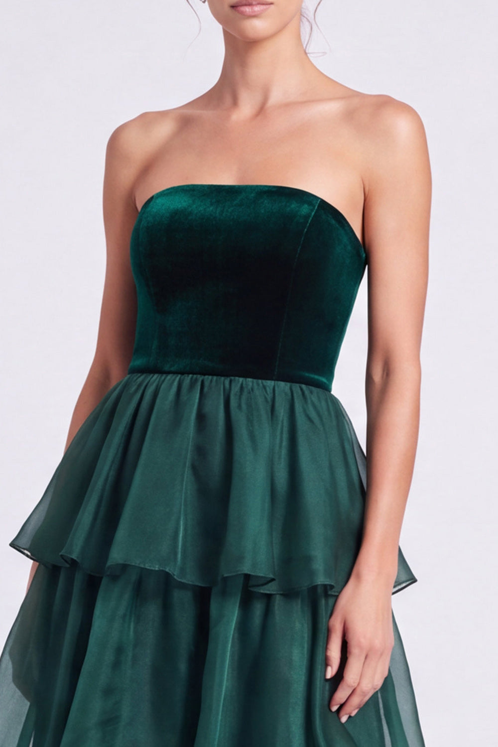 Brown A Line Tiered Ruffled Strapless Long Formal Dress