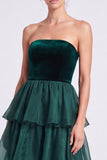 Brown A Line Tiered Ruffled Strapless Long Formal Dress