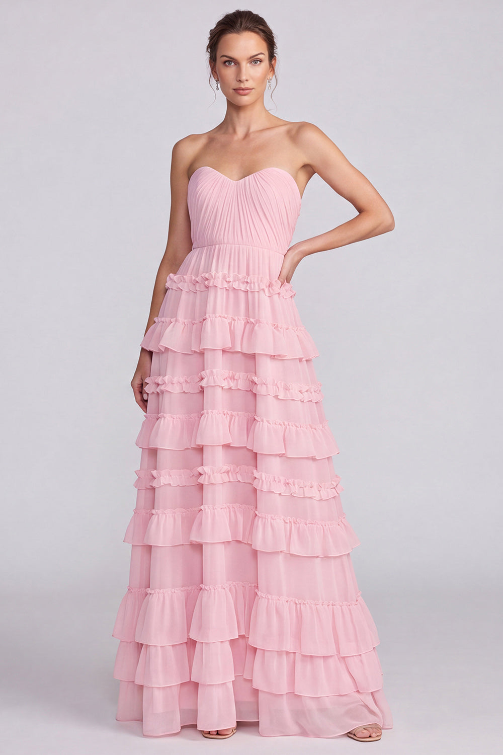 A Line Sage Green Floral Tiered Ruffled Sweetheart Long Formal Dress