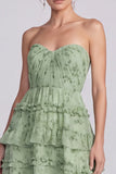 A Line Sage Green Floral Tiered Ruffled Sweetheart Long Formal Dress