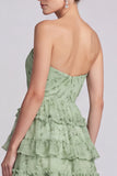 A Line Sage Green Floral Tiered Ruffled Sweetheart Long Formal Dress