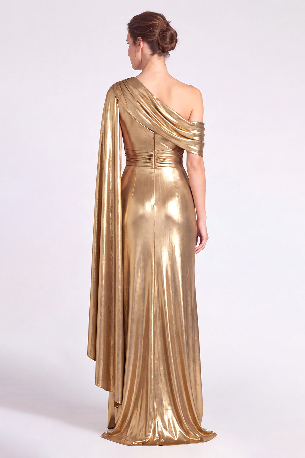 Gold Metallic One Shoulder Sheath Ruched Long Formal Dress with Slit