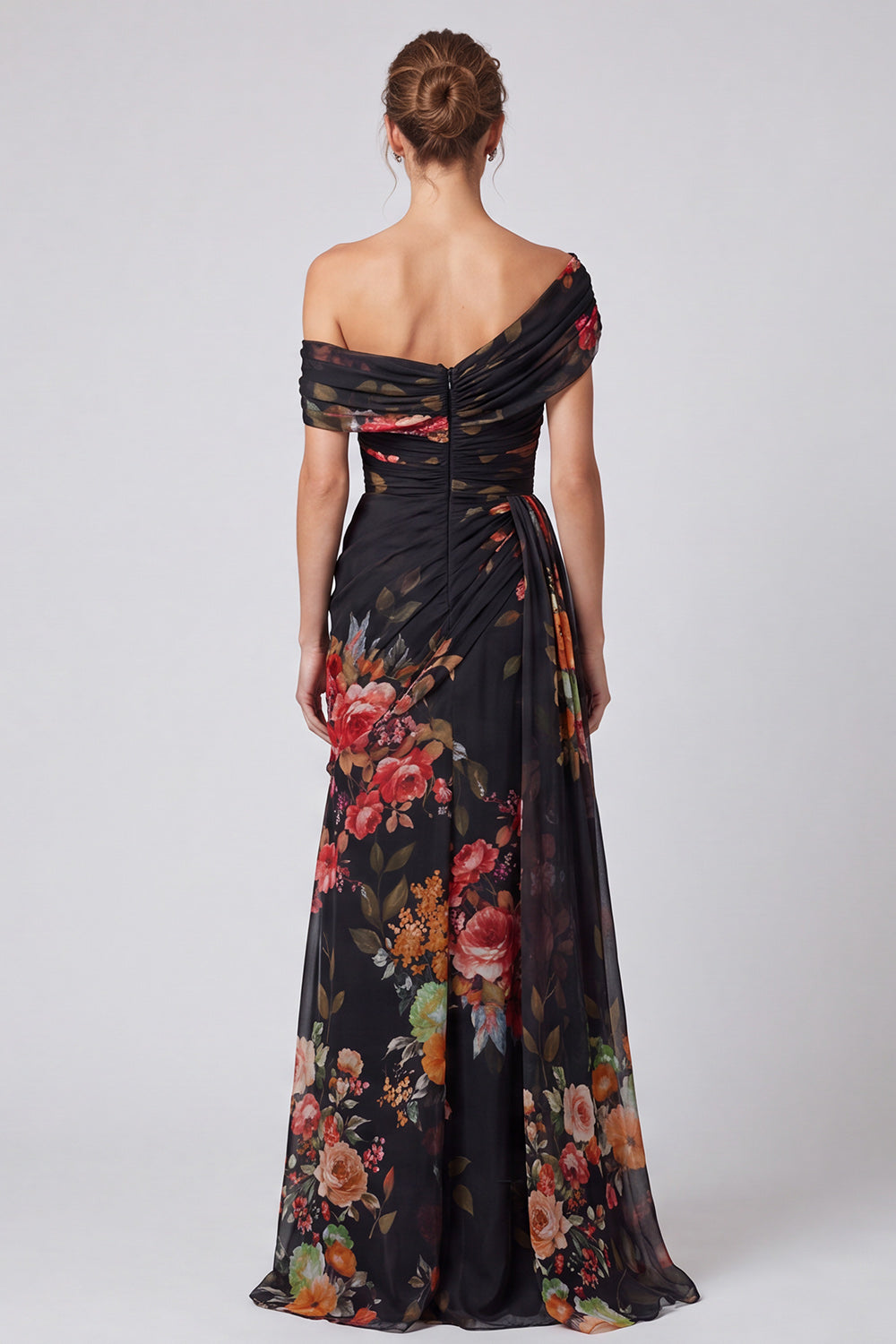 Black Floral A Line One Shoulder Long Formal Dress with Side Cape