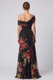 Black Floral A Line One Shoulder Long Formal Dress with Side Cape