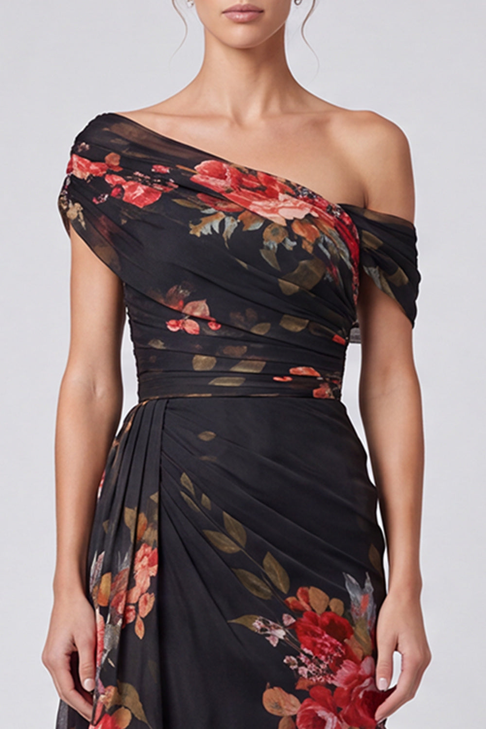 Black Floral A Line One Shoulder Long Formal Dress with Side Cape