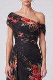 Black Floral A Line One Shoulder Long Formal Dress with Side Cape