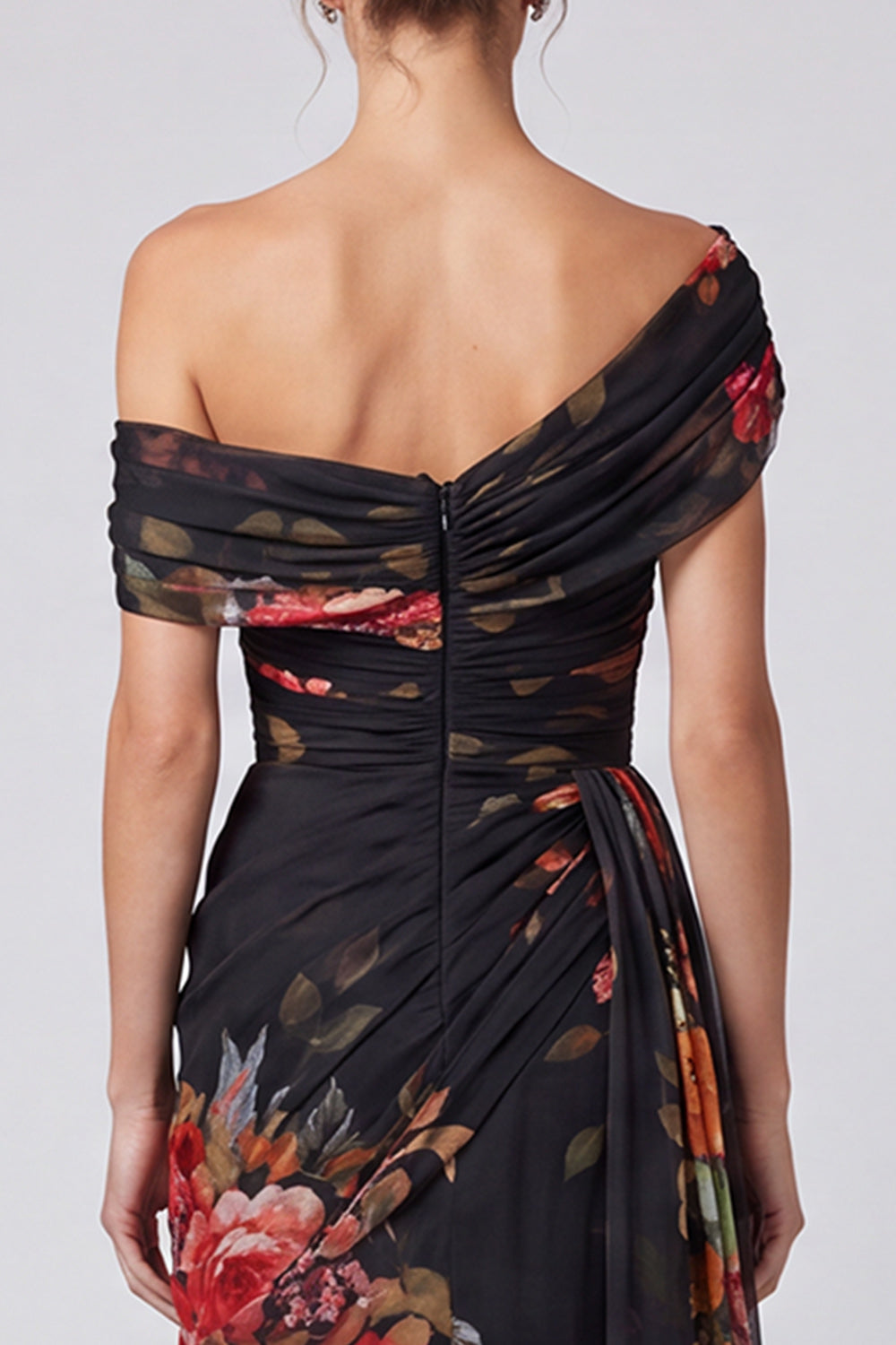 Black Floral A Line One Shoulder Long Formal Dress with Side Cape
