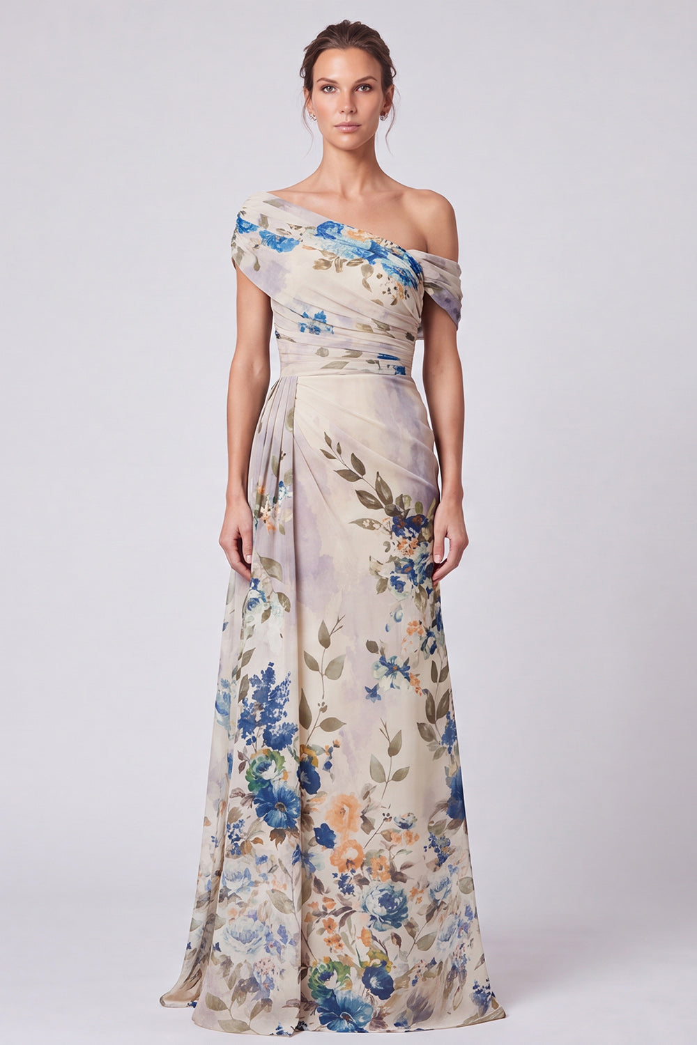 Black Floral A Line One Shoulder Long Formal Dress with Side Cape