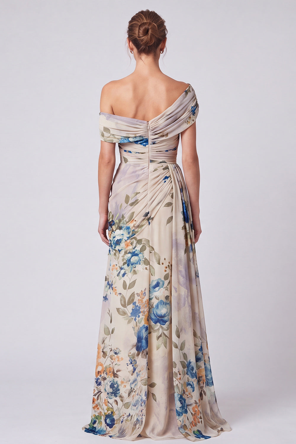 Black Floral A Line One Shoulder Long Formal Dress with Side Cape