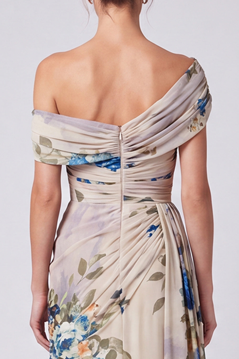 Black Floral A Line One Shoulder Long Formal Dress with Side Cape