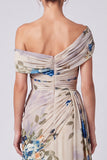 Black Floral A Line One Shoulder Long Formal Dress with Side Cape