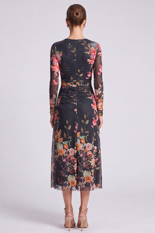 Black Floral Bodycon Round Neck Midi Formal Dress with Sleeves