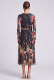 Black Floral Bodycon Round Neck Midi Formal Dress with Sleeves
